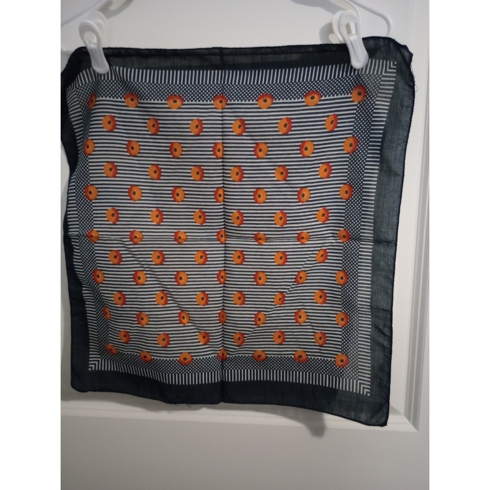 Vintage Mod Geometric Polka Dot Stripe Sheer Scarf 19" Square Black White Orange